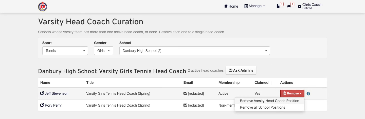 The Remove menu opened on a coach who holds a second position at the school, offering Remove Varsity Head Coach Position and Remove all School Positions.