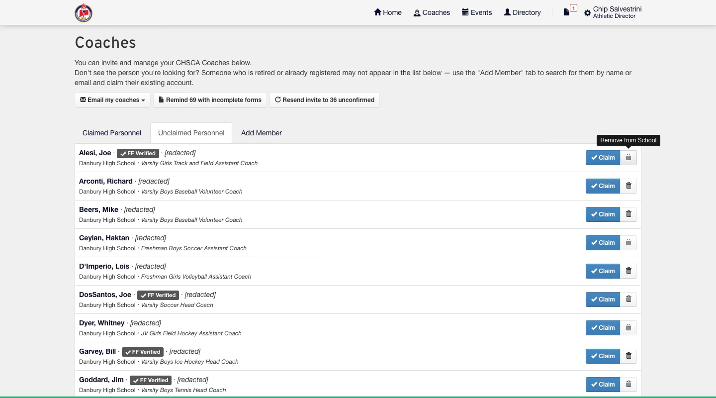 The Unclaimed Personnel tab of the Coaches page, with a Remove from School tooltip on the trash button beside a coach's Claim button.