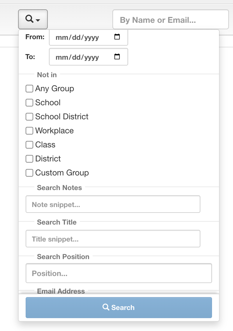 The old Filters menu scrolled far down, where a separate Search Position box sits below the Not in group checkboxes, Search Notes, and Search Title.