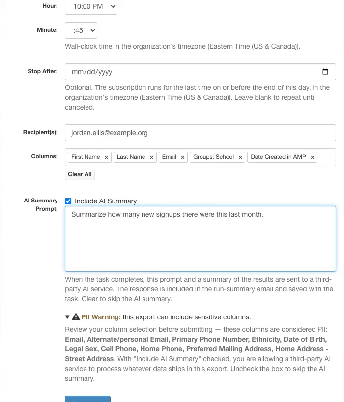 The column picker holding First Name, Last Name, Email, Groups: School and Date Created in AMP, above an AI Summary Prompt asking about new signups.