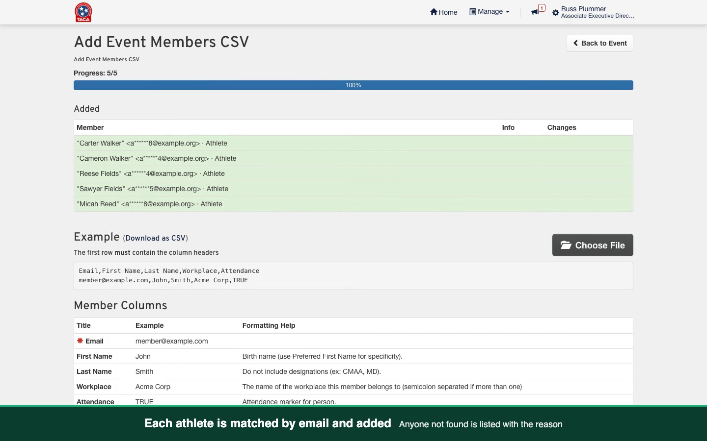The Add Event Members CSV page after an import, listing five athletes under Added.