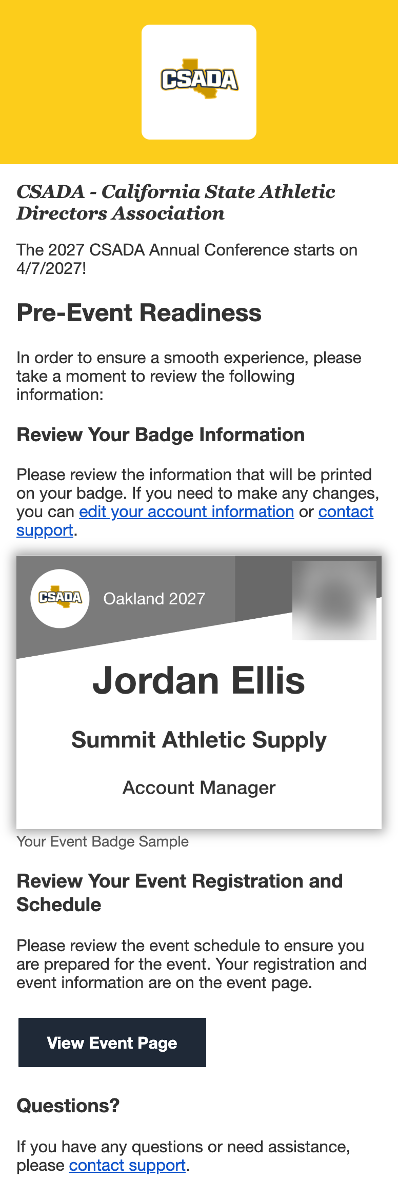 A vendor representative's Pre-Event Readiness email with a badge showing their name, their company and their title.