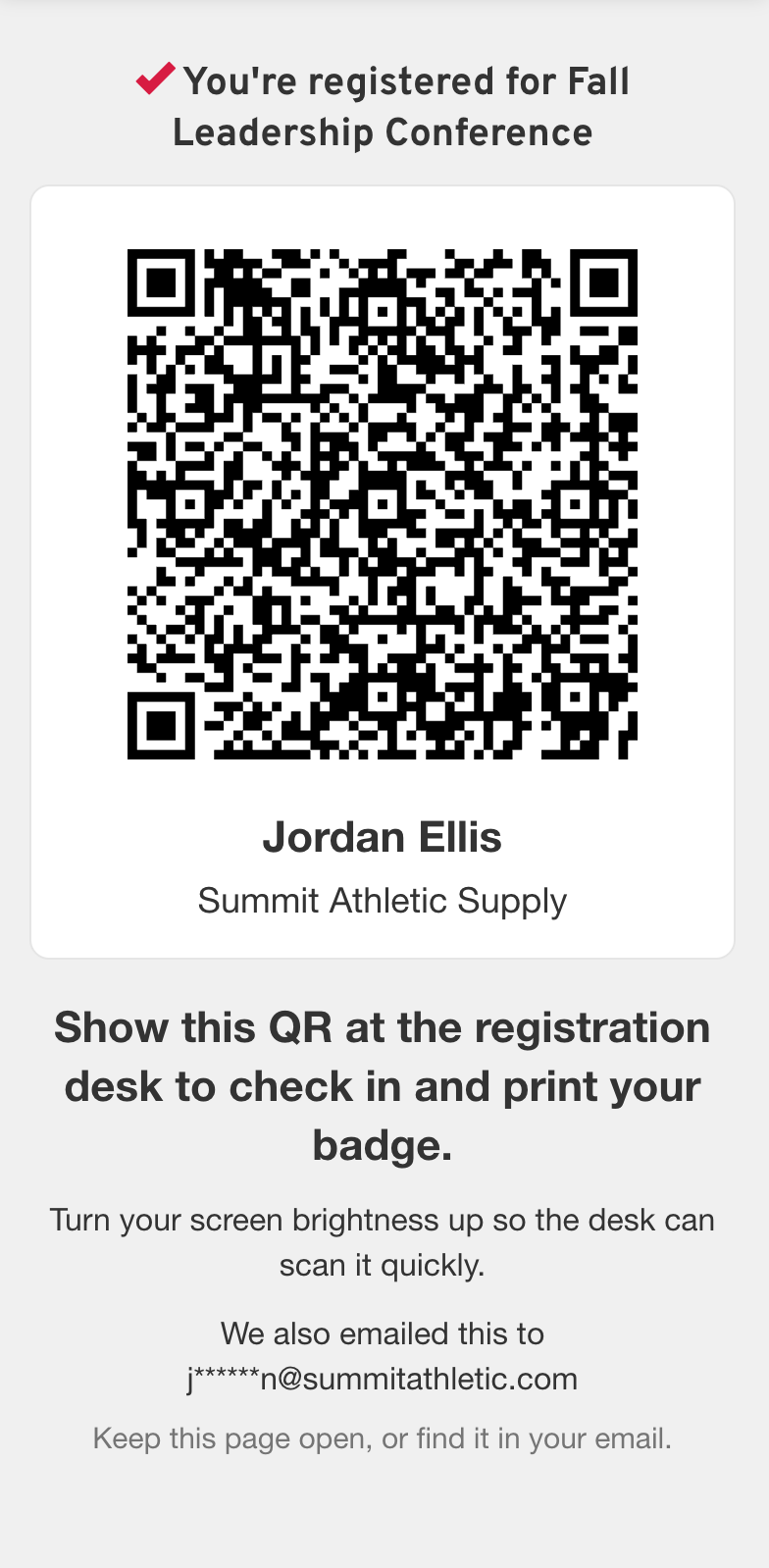 A phone showing You're registered for Fall Leadership Conference, a QR code for Jordan Ellis of Summit Athletic Supply, and a note it was also emailed.