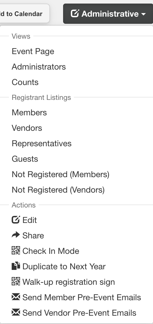 The event page's Administrative menu open, with Send Member Pre-Event Emails and Send Vendor Pre-Event Emails at the bottom of the Actions section.