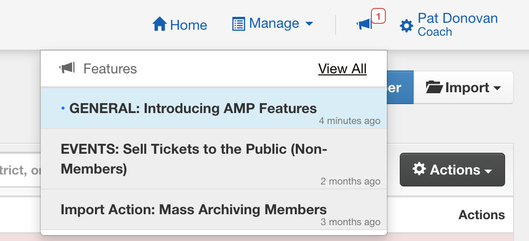 The top navigation with the bullhorn menu open, listing the three newest posts under a Features header with a View All link, and a red 1 on the icon.