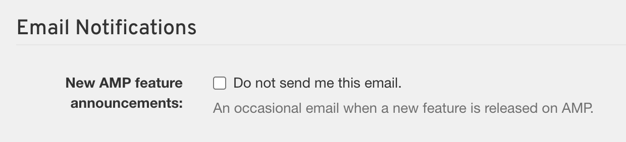 The Email Notifications section of Edit Profile, with a Do not send me this email box next to New AMP feature announcements.