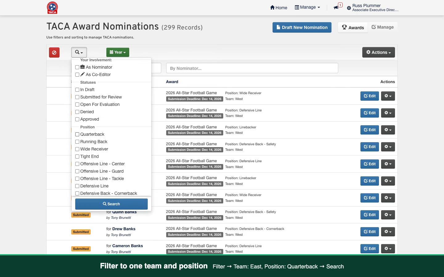 The award nominations list with the filter menu open, Quarterback checked under Position, and the Search button at the bottom.
