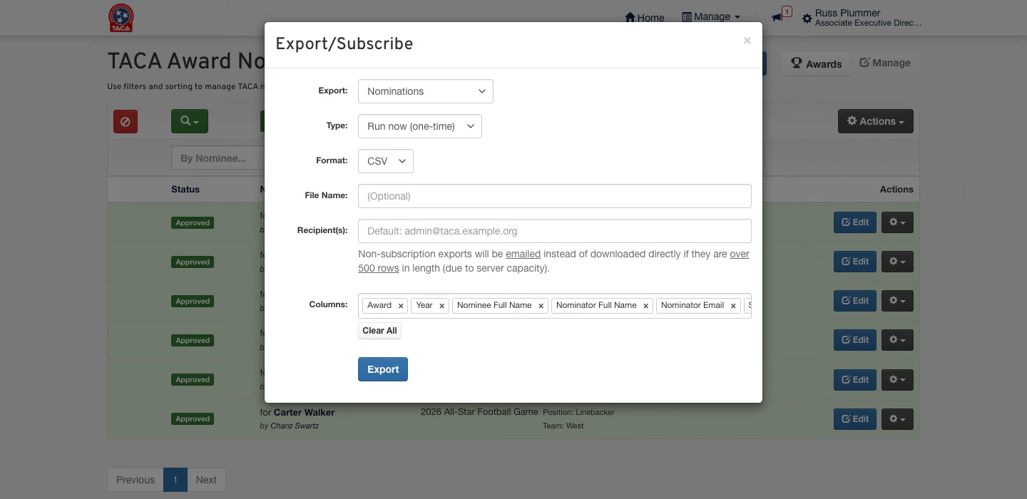 The Export window over the nominations list, which is filtered to Approved nominations, with the Export button below the column list.