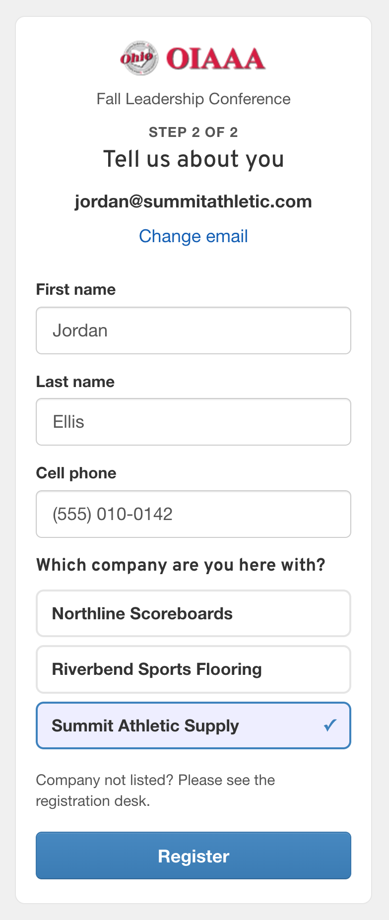 A phone on Step 2 of 2, Tell us about you: name and cell phone filled in, Summit Athletic Supply picked from three companies, and a Register button.