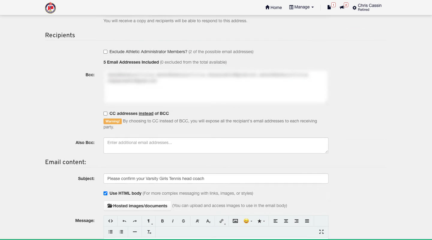 The email form opened from Ask Admins, with the exclusion box unchecked, five recipients included, and the subject filled in.
