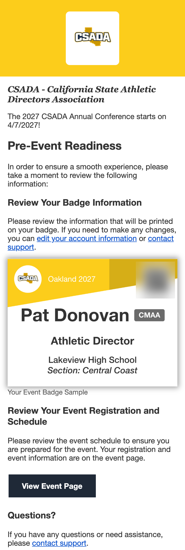 A member's Pre-Event Readiness email: the event's start date, their badge sample under Review Your Badge Information, and a View Event Page button.