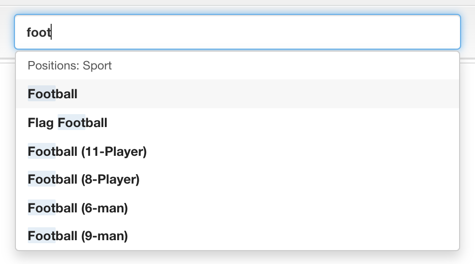 The Members search box with foot typed in, and a dropdown listing Football, Flag Football, and several football formats under a Positions: Sport heading.
