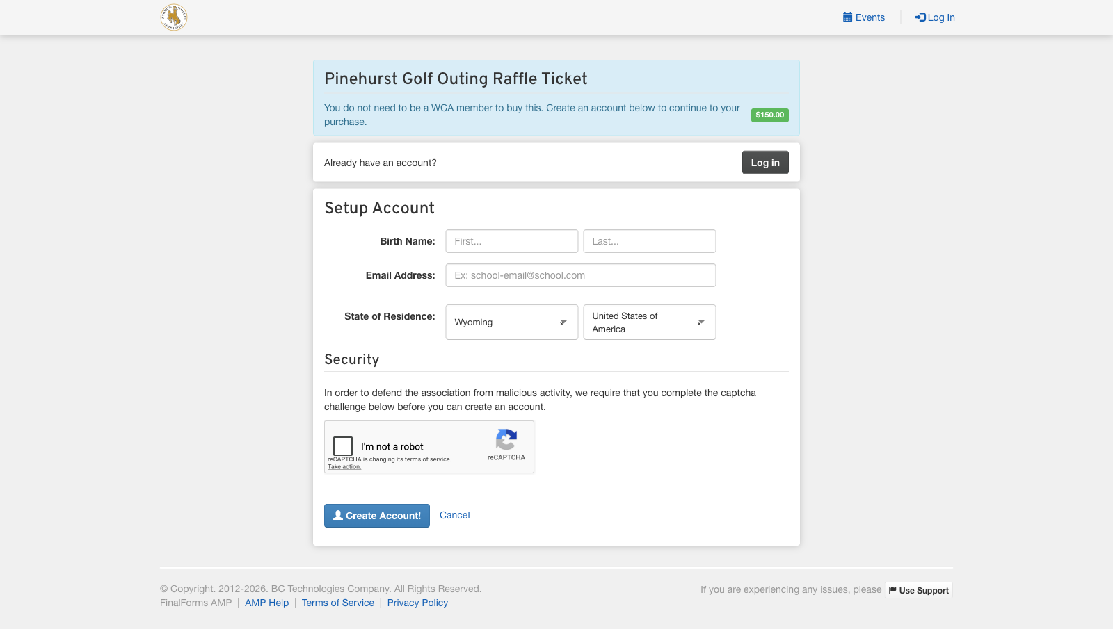 The buyer's Setup Account form - birth name, email, and state of residence - above a reCAPTCHA and a Create Account button, with the $150.00 fee at top.