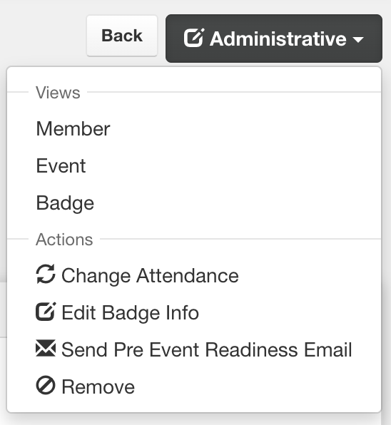 An attendee's page with the Administrative menu open, showing Send Pre Event Readiness Email under Actions.