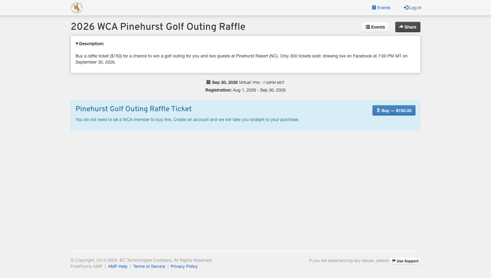 A public event page for a golf outing raffle: description, date, and one blue Buy button showing $150.00. The header offers only Log In.