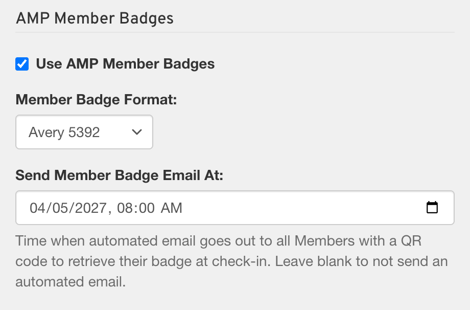 The AMP Attendee Badges step of the event form, with Use AMP Member Badges checked and Send Member Badge Email At set to a date and time.
