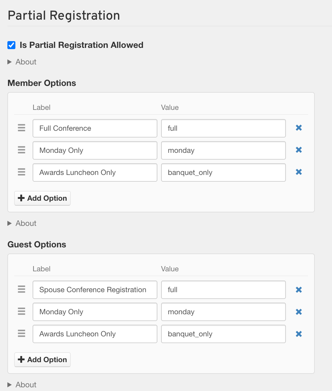 The Partial Registration section with Is Partial Registration Allowed checked, three Member Options and three Guest Options, each a label and a value.