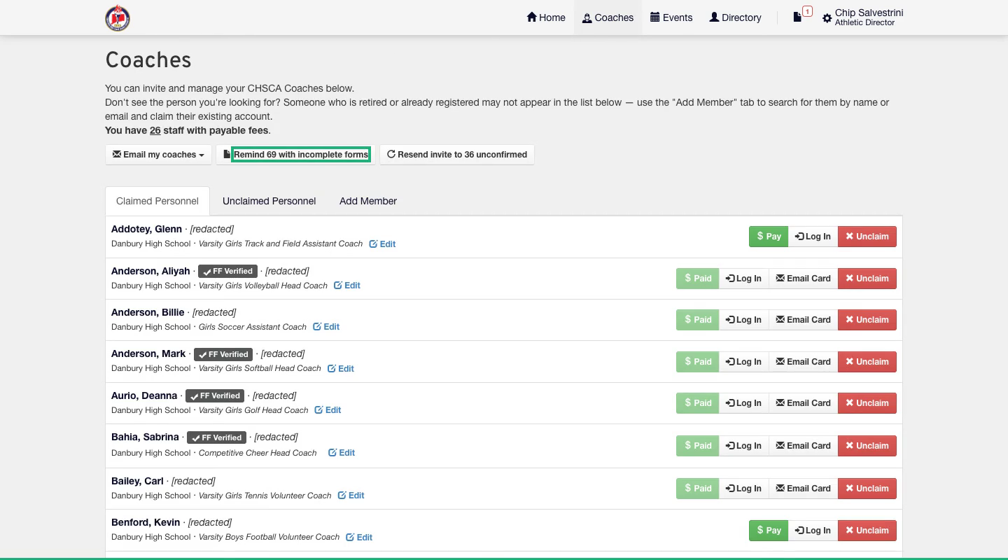 An athletic director's Coaches page, with Email my coaches, Remind with incomplete forms, and Resend invite buttons directly under the page description.