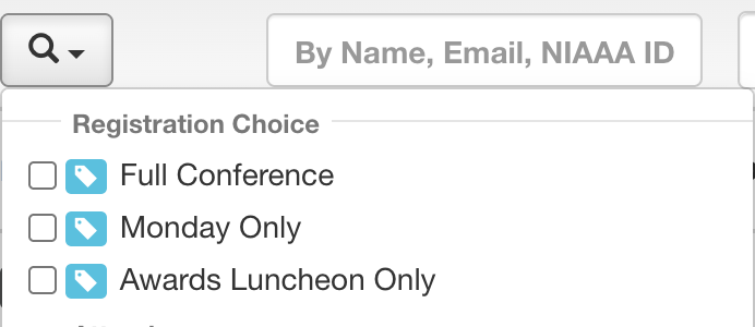 The Filter By Statuses menu on an event's attendee list, open to Registration Choice with Full Conference, Monday Only and Awards Luncheon Only.