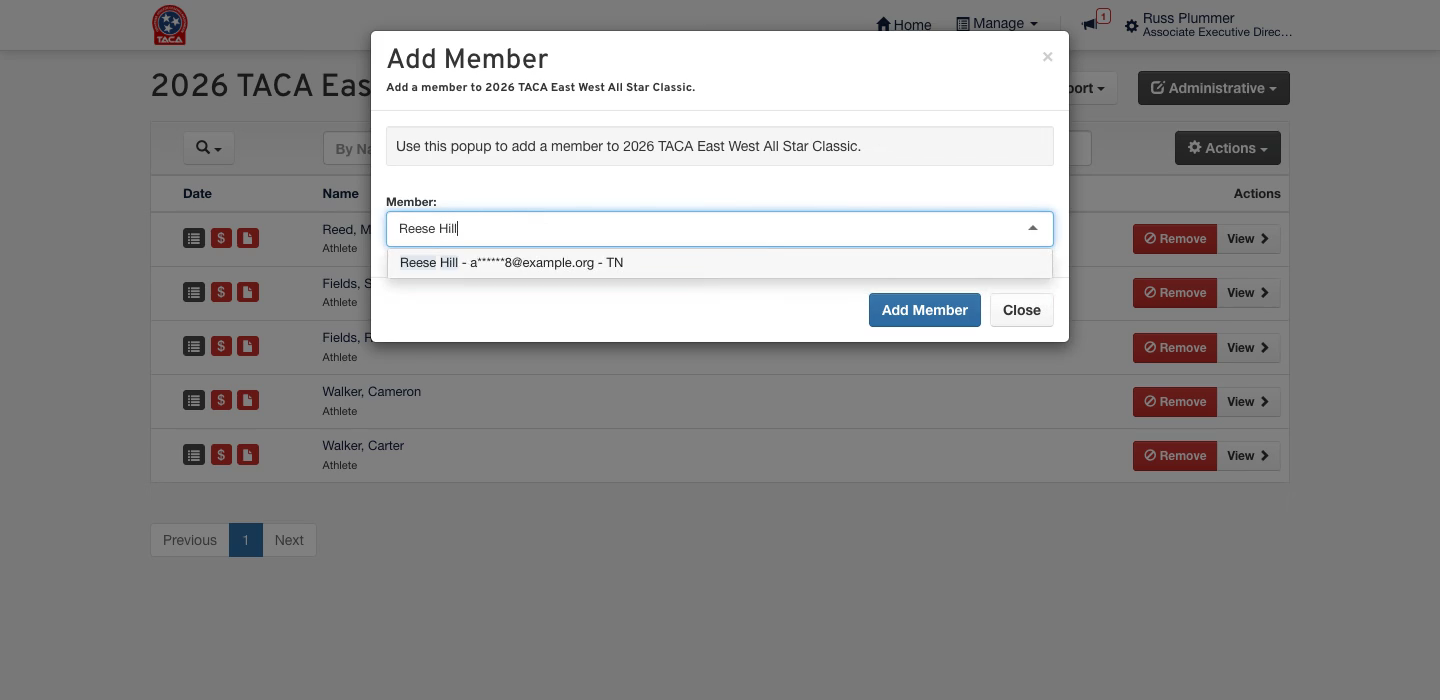 The Add Member window on the event's attendee list, with a nominee found by name in the Member search.