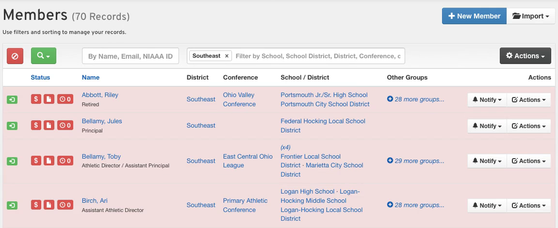 The Members list showing 70 records, with Southeast in the group filter box.