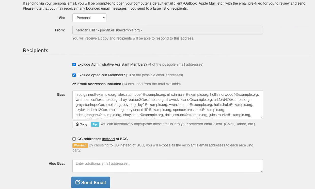 The leader's Send Notification via Email page, with Via set to Personal and the list's addresses filled into Bcc.