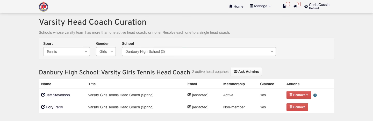 The curation page filtered to Girls Tennis at Danbury High School, listing two head coaches with their membership and Remove buttons.