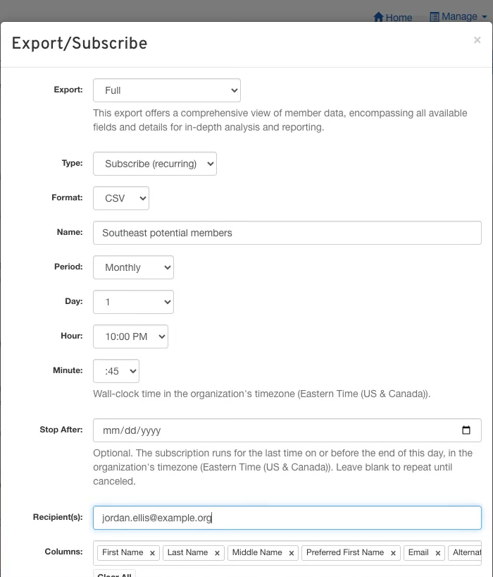 The Export/Subscribe window set to the Full export, Subscribe (recurring), Monthly on day 1, with the leader's email in Recipient(s).