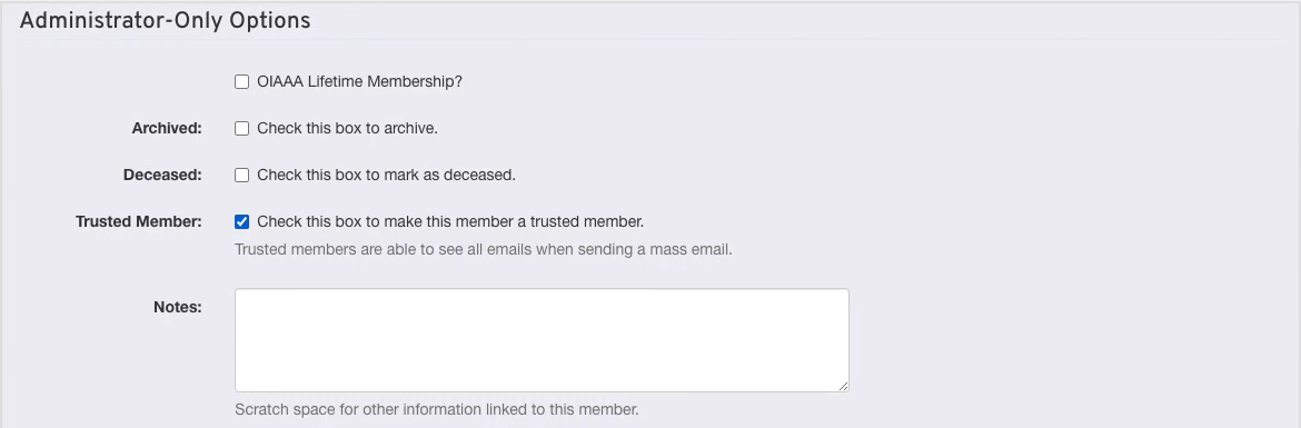 The member edit form's Administrator-Only Options, with the Trusted Member box checked.
